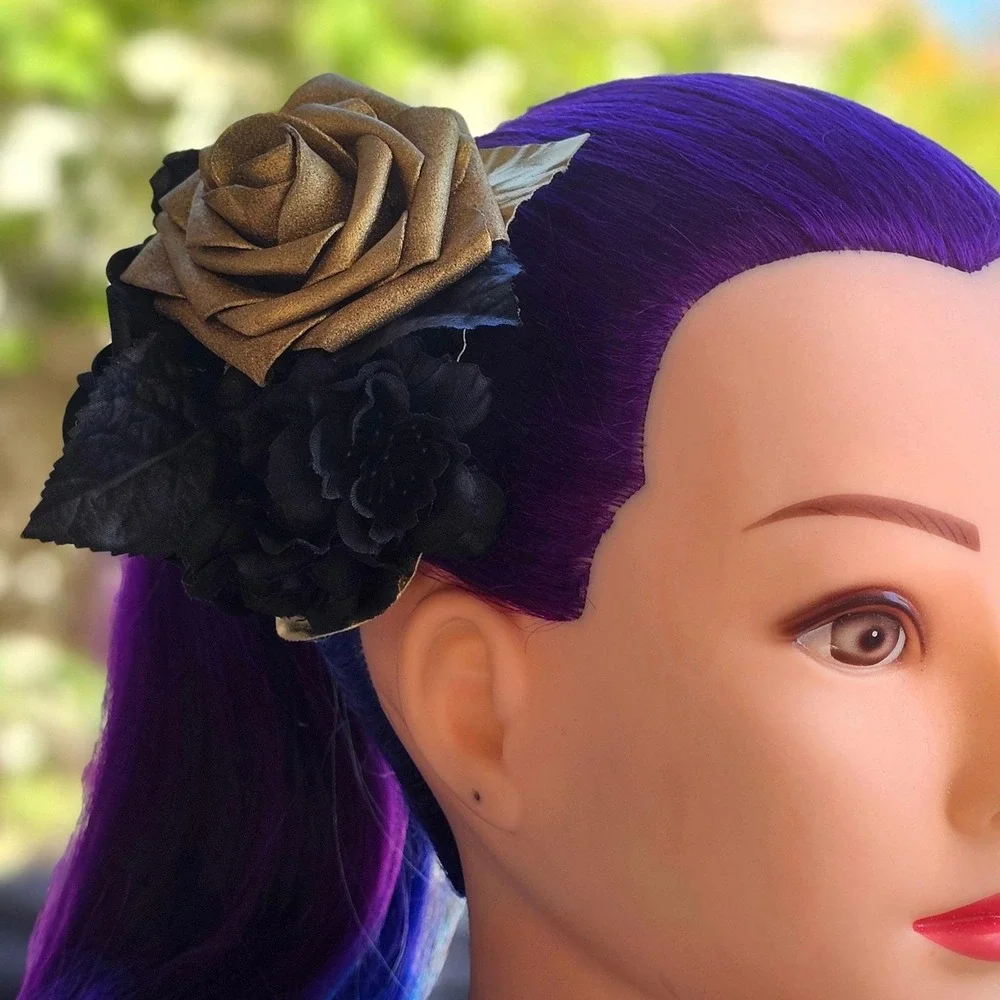 Handmade Black Gold‎ Rose Hair Clip Gothic Glam Floral Fascinator Rockabilly